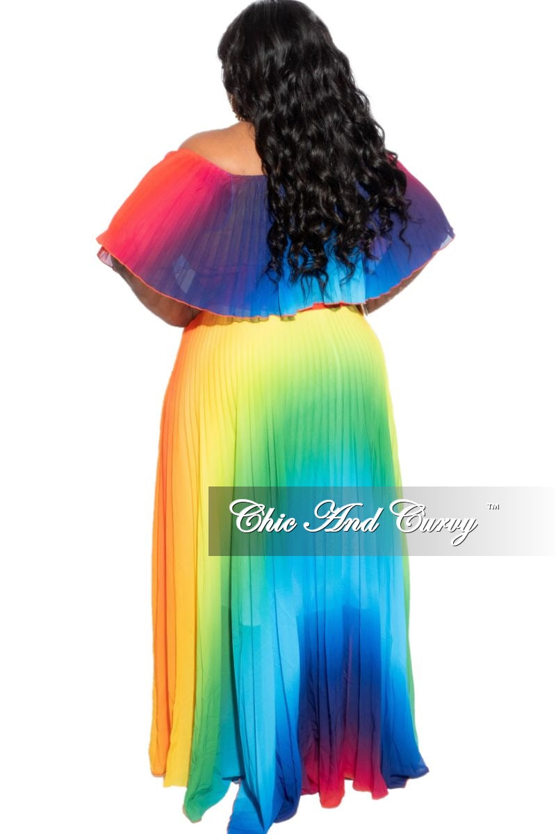 Final Sale Plus Size Strapless Chiffon Pleated Long Dress in a Rainbow Print