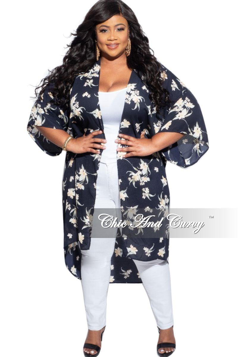 Final Sale Plus Size 3/4 Sleeve Duster with Navy Background and Neutral Floral Print