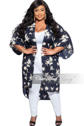 Final Sale Plus Size 3/4 Sleeve Duster with Navy Background and Neutral Floral Print