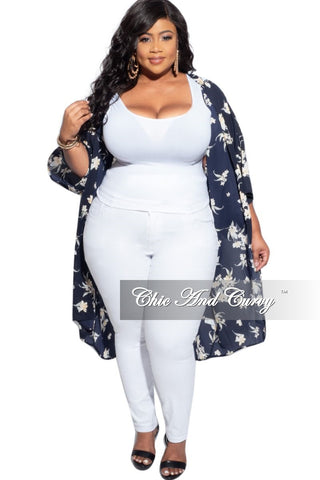 Final Sale Plus Size 3/4 Sleeve Duster with Navy Background and Neutral Floral Print