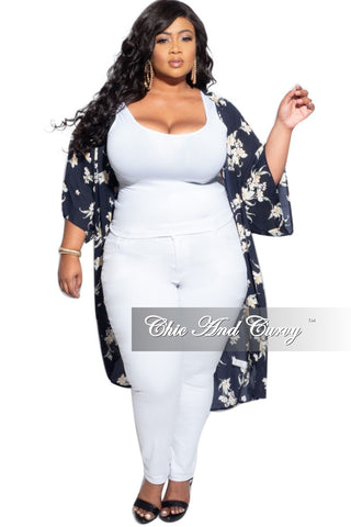 Final Sale Plus Size 3/4 Sleeve Duster with Navy Background and Neutral Floral Print