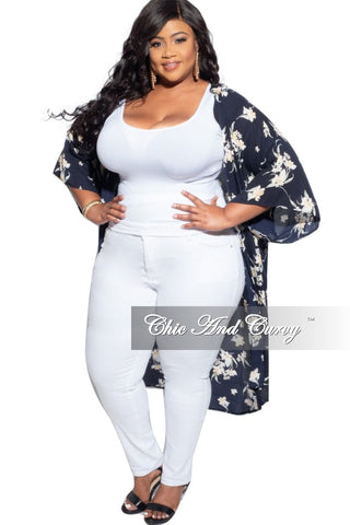 Final Sale Plus Size 3/4 Sleeve Duster with Navy Background and Neutral Floral Print