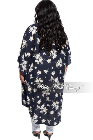 Final Sale Plus Size 3/4 Sleeve Duster with Navy Background and Neutral Floral Print