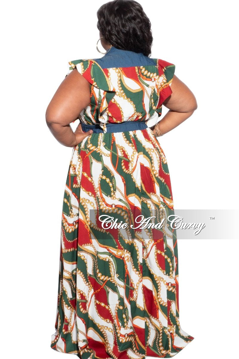 Final Sale Plus Size Tie Maxi Dress in Wine & Green Chain Print/Denim