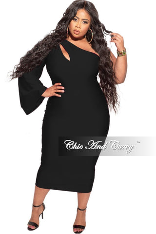 Final Sale Plus Size Shimmer One Bell Sleeve BodyCon Dress in Black ...