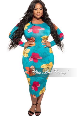 Final Sale Plus Size Bodycon Dress in Turquoise Floral Print
