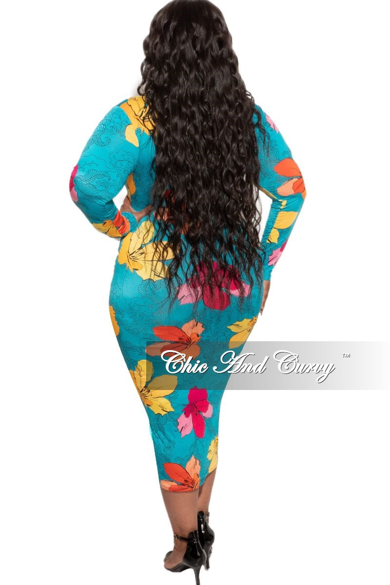 Final Sale Plus Size Bodycon Dress in Turquoise Floral Print