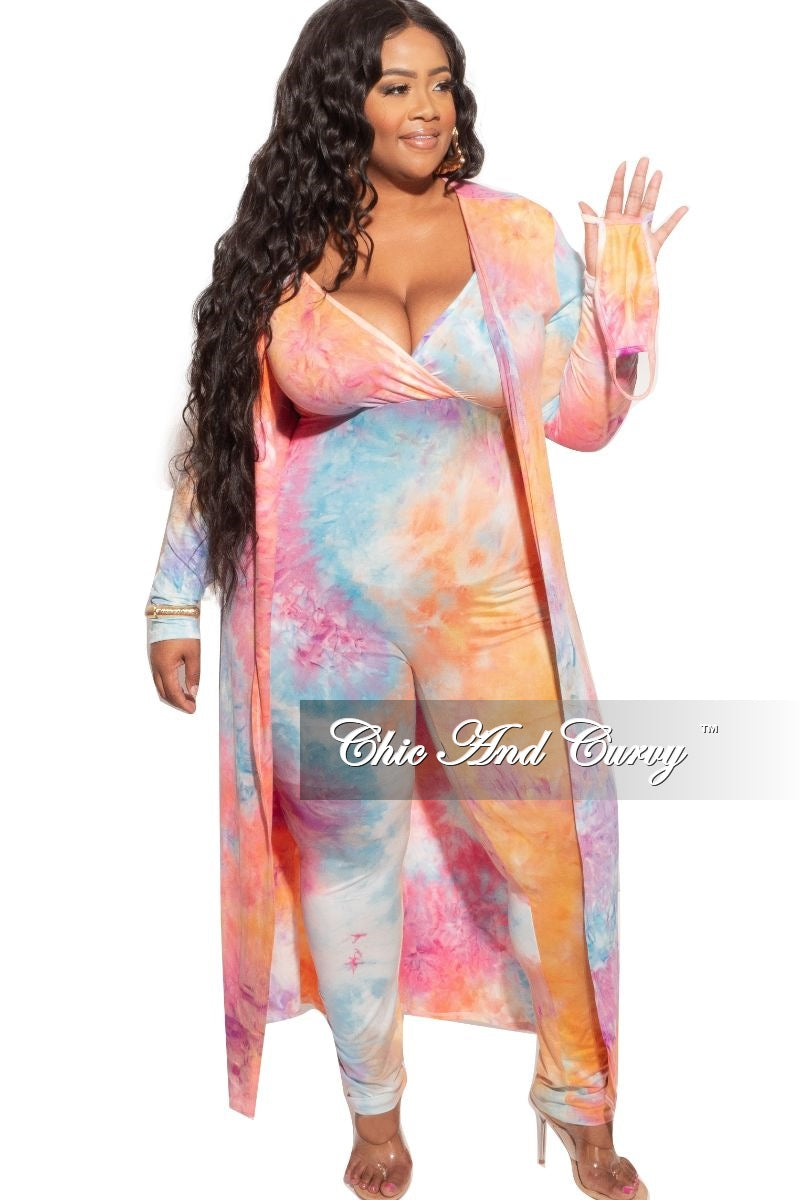 Final Sale Plus Size 2-Piece Duster & Spaghetti Strap Jumpsuit Set in Rainbow Sherbet Print