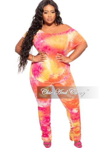 New Plus Size 2-Piece Set Wide Neck Top and Ruched Pants in Fuchsia and Orange Tie Dye