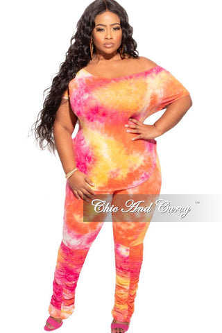 New Plus Size 2-Piece Set Wide Neck Top and Ruched Pants in Fuchsia and Orange Tie Dye