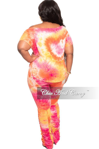 New Plus Size 2-Piece Set Wide Neck Top and Ruched Pants in Fuchsia and Orange Tie Dye