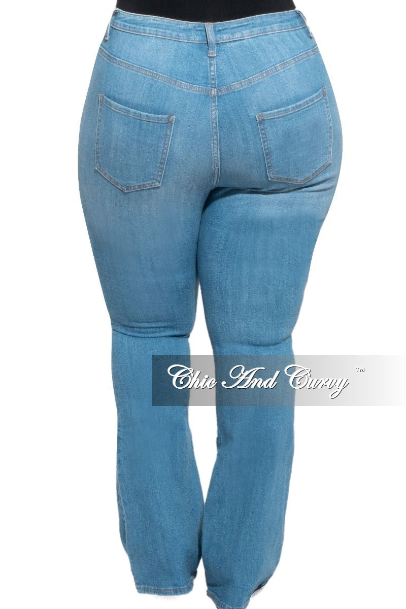 Final Sale Plus Size Flair Leg Denim Jeans with Knee Slit in Medium Blue