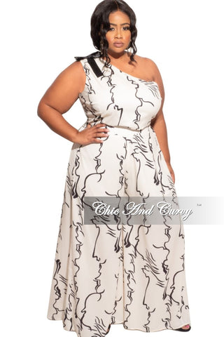 Final Sale Plus Size 2pc One Shoulder Top & Palazzo Pants in Ivory and Black Design