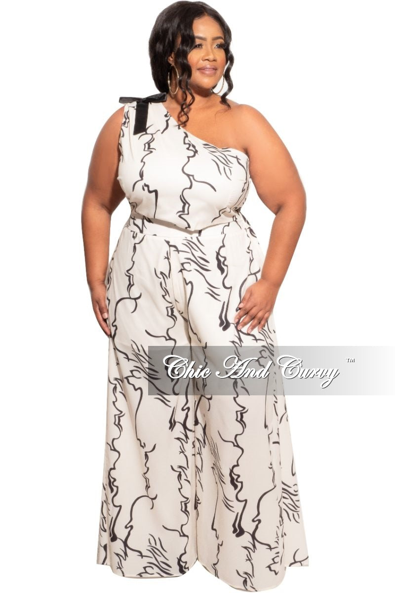 Final Sale Plus Size 2pc One Shoulder Top & Palazzo Pants in Ivory and Black Design