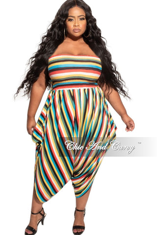 Final Sale Plus Size Strapless Smocked Harem Jumpsuit in Multi-Color Stripes