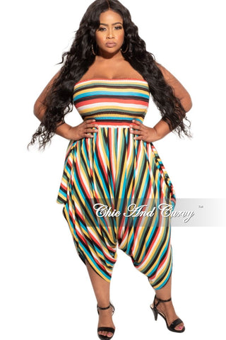 Final Sale Plus Size Strapless Smocked Harem Jumpsuit in Multi-Color Stripes