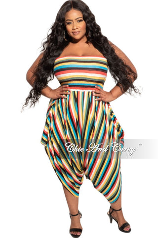 Final Sale Plus Size Strapless Smocked Harem Jumpsuit in Multi-Color Stripes