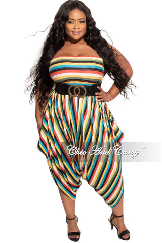 Final Sale Plus Size Strapless Smocked Harem Jumpsuit in Multi-Color Stripes
