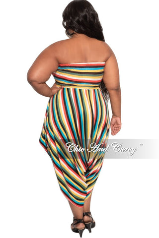 Final Sale Plus Size Strapless Smocked Harem Jumpsuit in Multi-Color Stripes