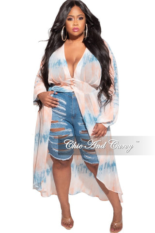 Final Sale Plus Size Faux Wrap Bell Sleeve High-Low Top in White, Blue, Peach Water Print