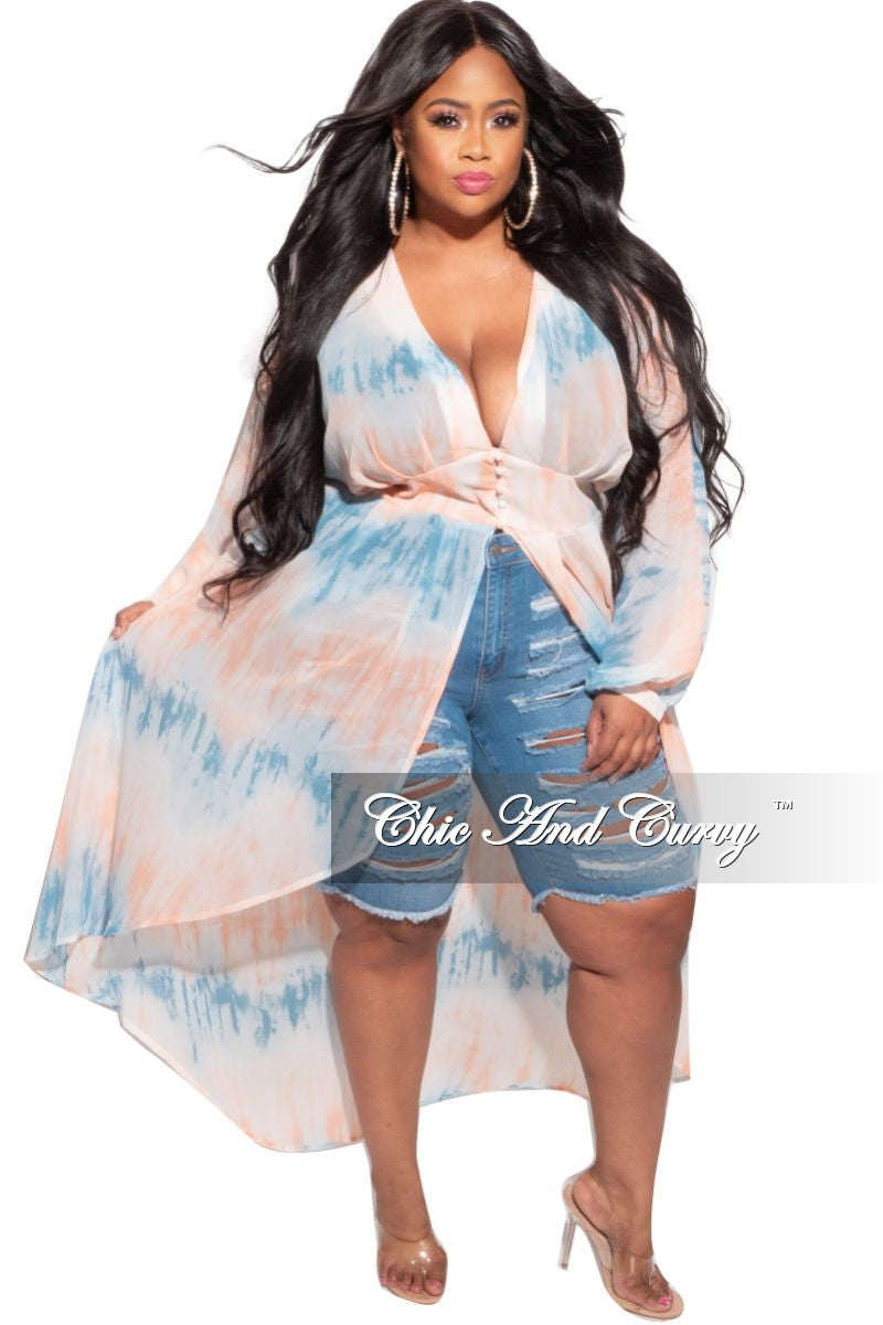 Final Sale Plus Size Faux Wrap Bell Sleeve High-Low Top in White, Blue, Peach Water Print