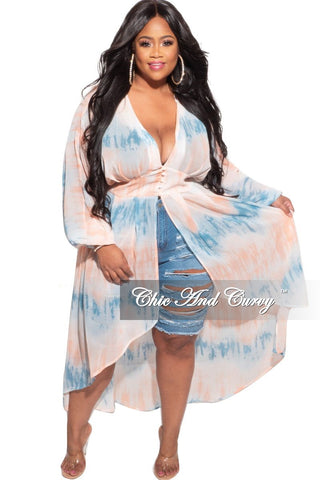 Final Sale Plus Size Faux Wrap Bell Sleeve High-Low Top in White, Blue, Peach Water Print