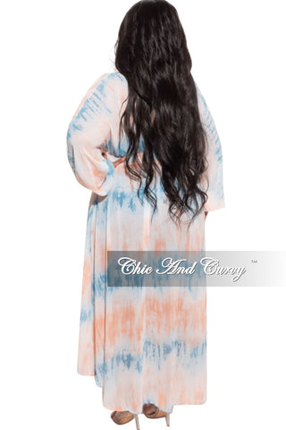 Final Sale Plus Size Faux Wrap Bell Sleeve High-Low Top in White, Blue, Peach Water Print