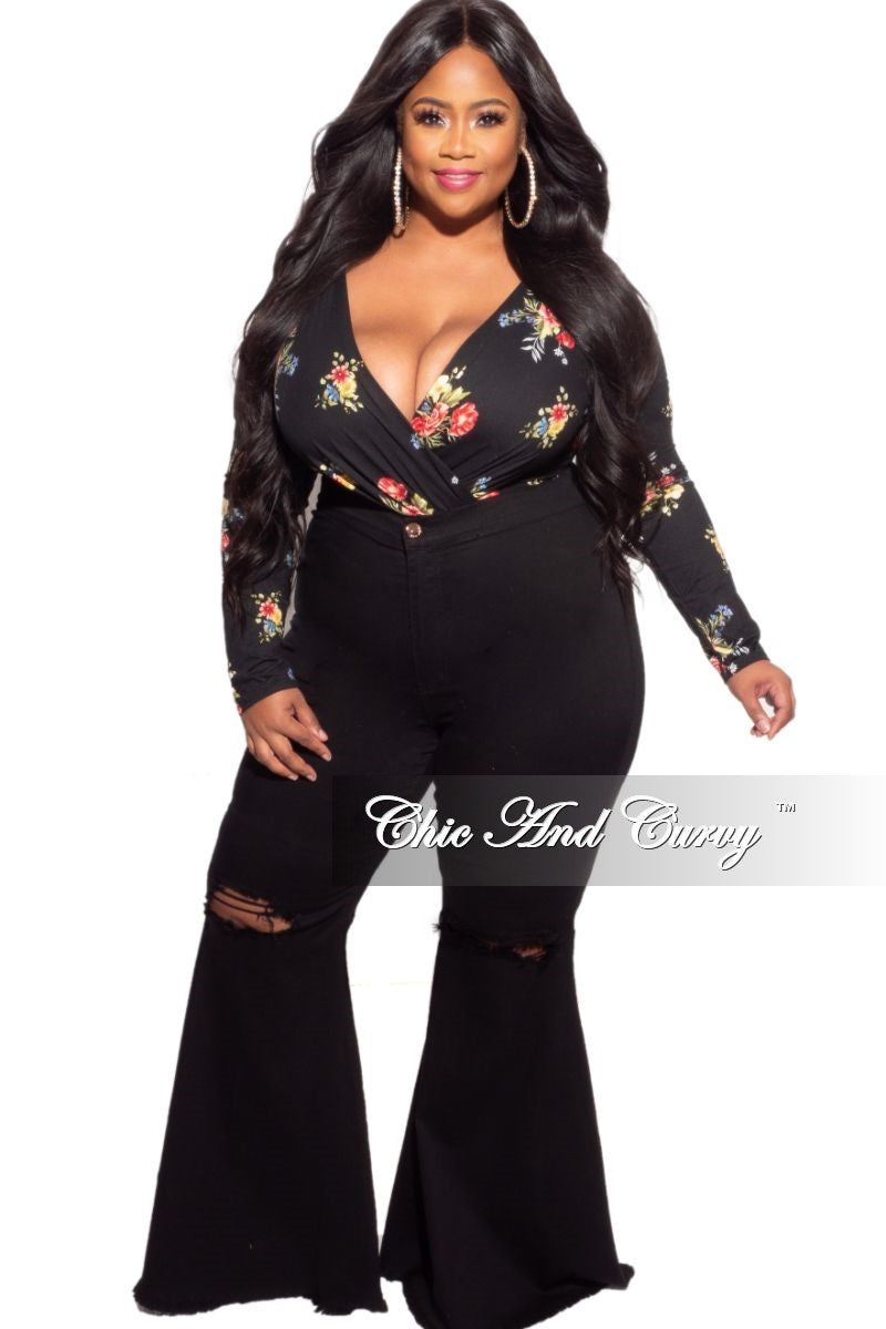 Final Sale Plus Size Long Sleeve Faux Wrap Bodysuit in Black Floral Print