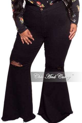 Final Sale Plus Size Wide Leg Denim Jeans with Distressed Knee in Black
