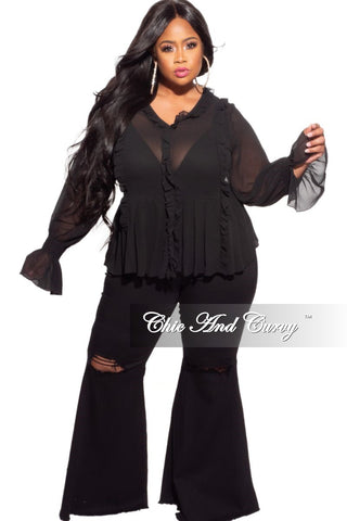Final Sale Plus Size Wide Leg Denim Jeans with Distressed Knee in Black