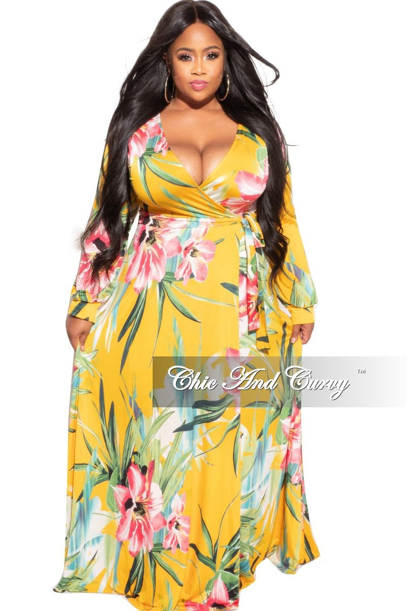 Final Sale Plus Size Faux Wrap Dress in Mustard Floral Print