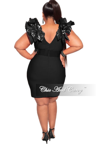 Final Sale Plus Size Ruffle Shoulder Belted Mini Dress in Black