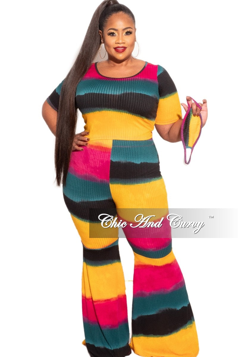 New Plus Size 2 pc Set Ribbed Top & Bell Bottom Pants in Multi-Colors