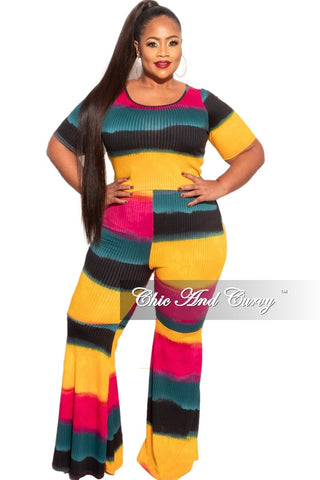 New Plus Size 2 pc Set Ribbed Top & Bell Bottom Pants in Multi-Colors