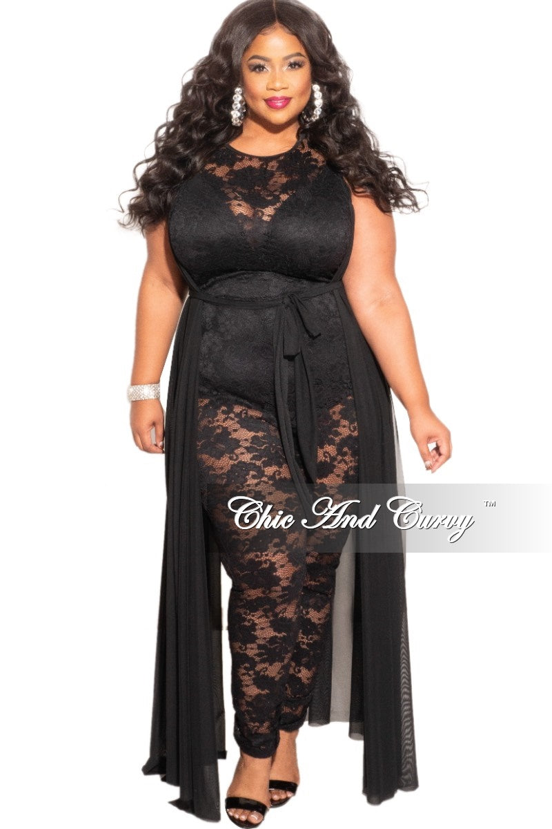 Final Sale Plus Size Mesh Train Lace Jumpsuit in Black – Chic And Curvy