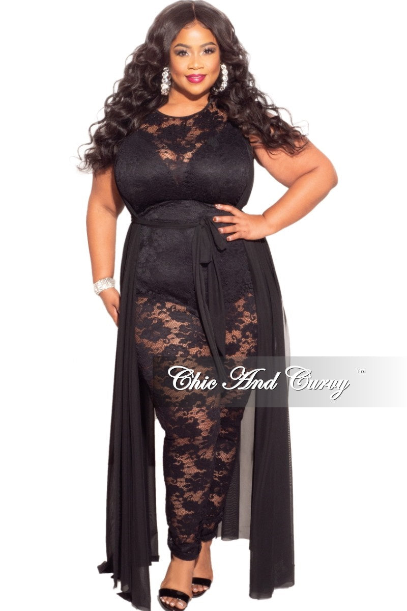 Final Sale Plus Size Mesh Train Lace Jumpsuit in Black – Chic And Curvy