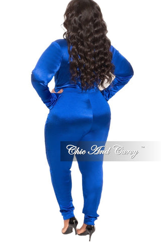 Final Sale Plus Size 2-Piece Satin Collared Faux Wrap Bodysuit and Pants Set in Royal Blue