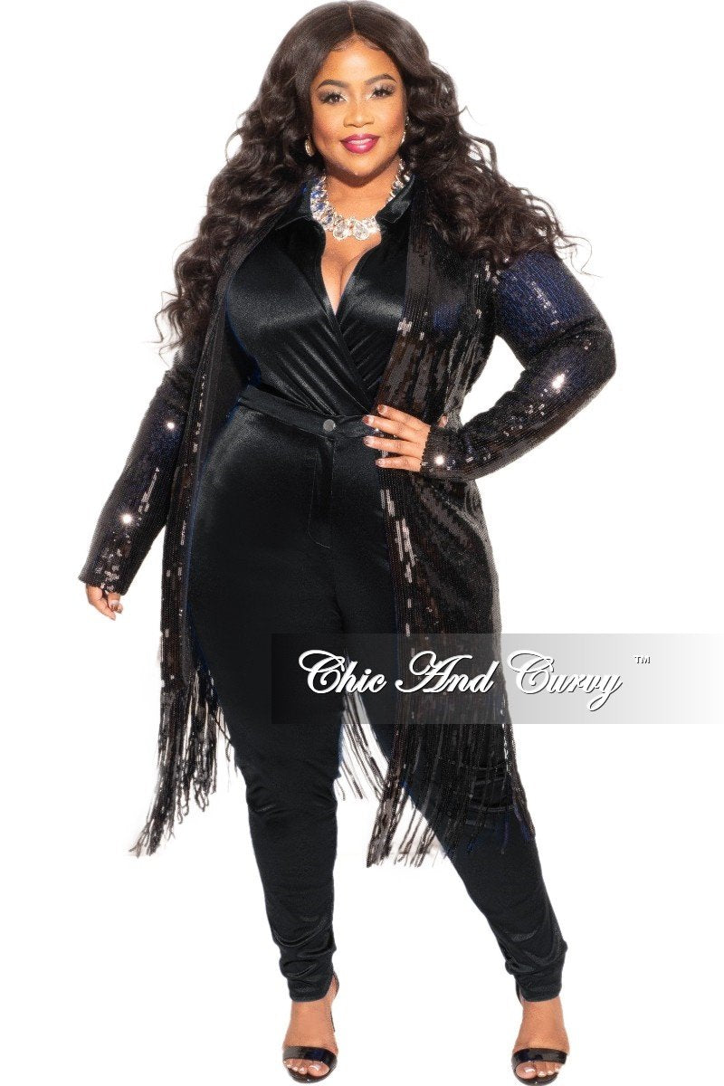 Final Sale Plus Size 2-Piece Satin Collared Faux Wrap Bodysuit and Pants Set in Black