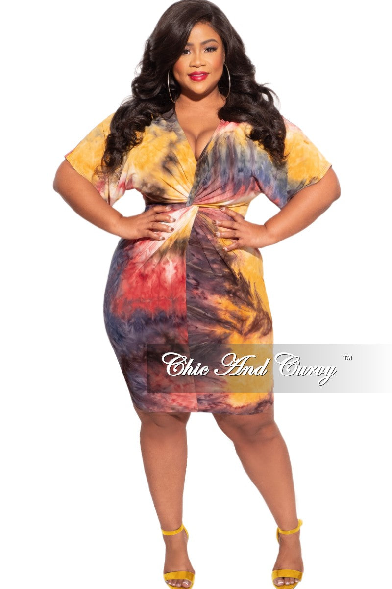 Final Sale Plus Size BodyCon Dress with Twisted Waistline in Fall Multi-Color Tie Dye