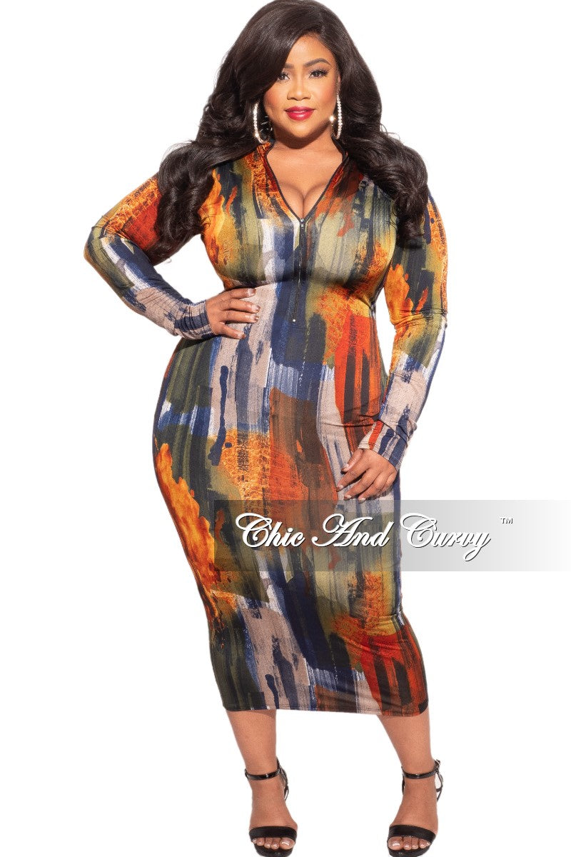 Final Sale Plus Size Reversible Long Sleeve BodyCon Dress in Dark Brush Stroke Print