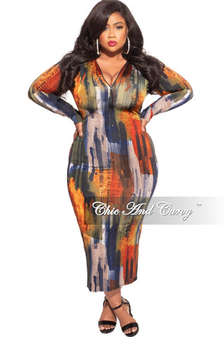 Final Sale Plus Size Reversible Long Sleeve BodyCon Dress in Dark Brush Stroke Print