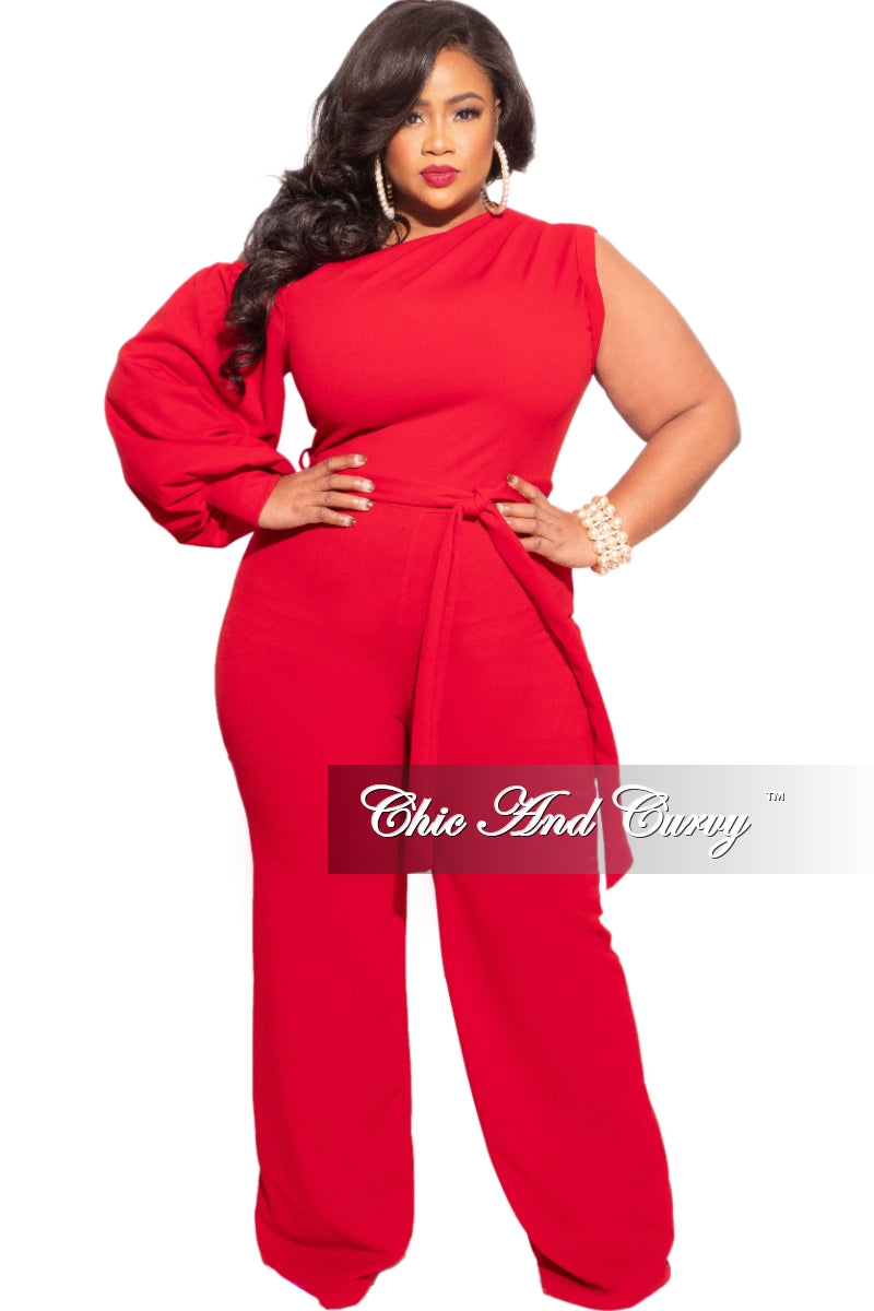 Final Sale Plus Size Balloon Sleeve Jumpsuit with Tie in Red