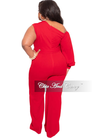 Final Sale Plus Size Balloon Sleeve Jumpsuit with Tie in Red