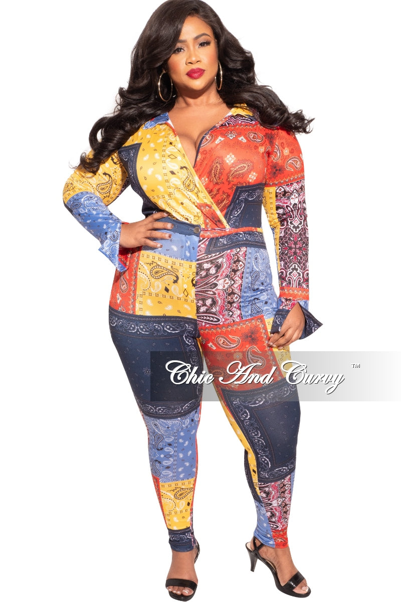 Final Sale Plus Size 2-Piece Collared Faux Wrap Bodysuit and Pants Set in Bandana Print