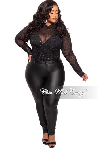 Final Sale Plus Size Bodysuit in Black with Diamond Pattern with Silver Bling