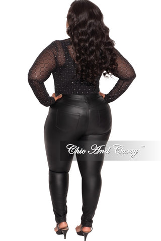 Final Sale Plus Size Bodysuit in Black with Diamond Pattern with Silver Bling