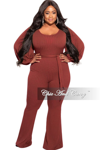 Final Sale Plus Size Ribbed Jumpsuit with Balloon Sleeves in Brick