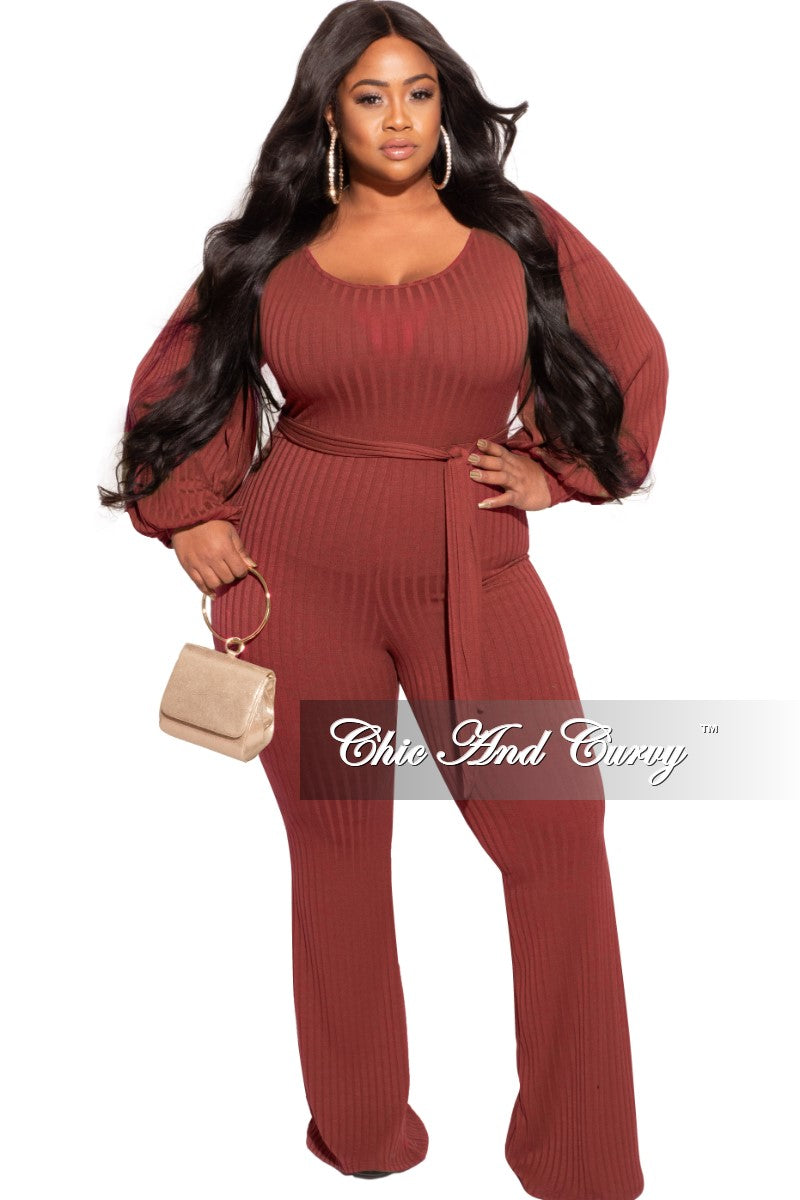Final Sale Plus Size Ribbed Jumpsuit with Balloon Sleeves in Brick