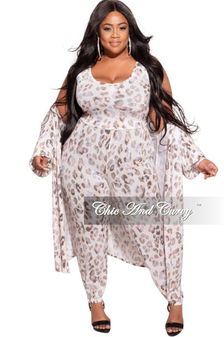 Final Sale Plus Size 3-Piece Duster, Tank Top and Pants Set in Tan, Pink and Grey