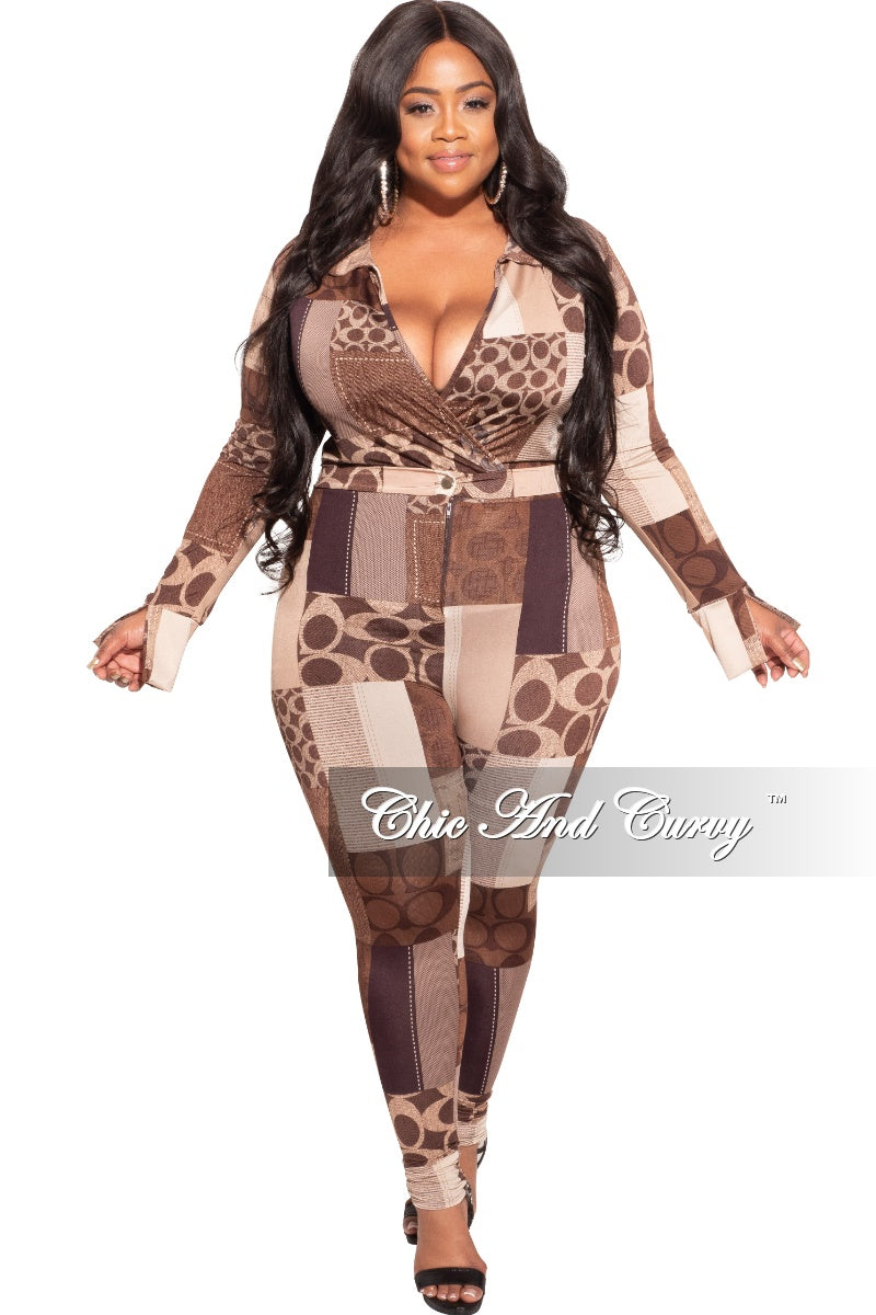 Final Sale Plus Size 2-Piece Collared Faux Wrap Bodysuit and Pants Set in Brown Print